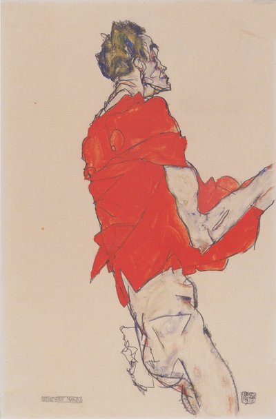 Stehender Mann (Selbstdarstellung in rotem Hemd) von Egon Schiele